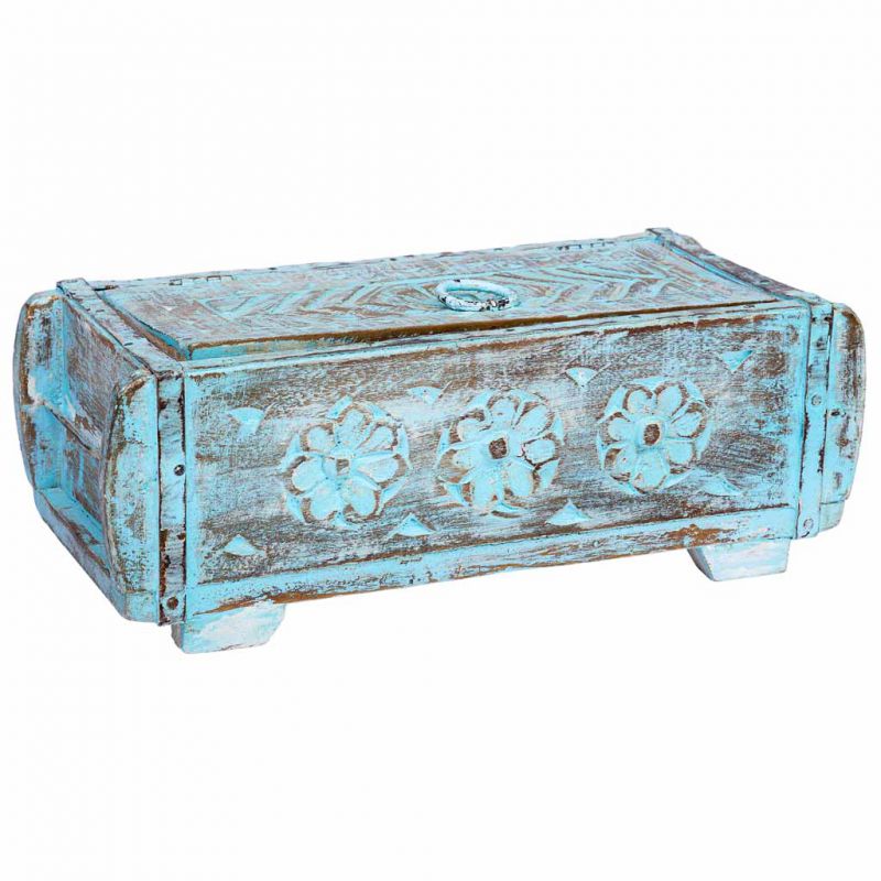 caja de madera tallada acabado artesanal envejecido azul