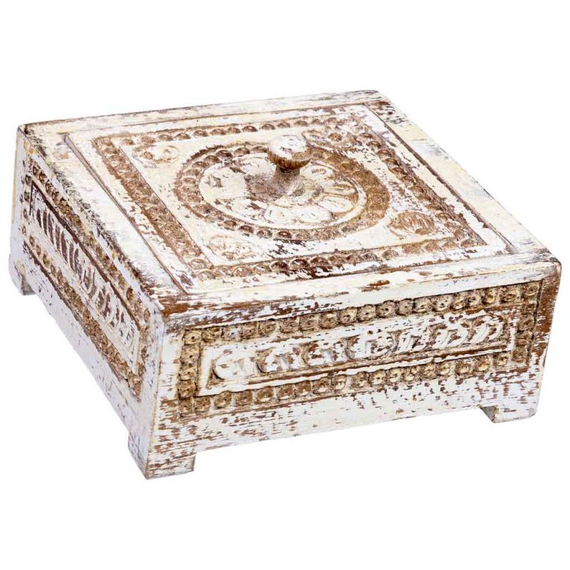 caja de madera tallada acabado artesanal envejecido blanco