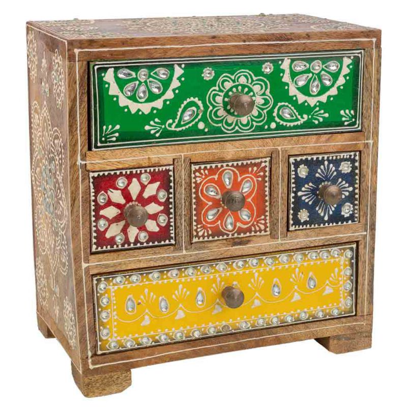 caja joyero de madera pintado artesanal de 4 cajones marron