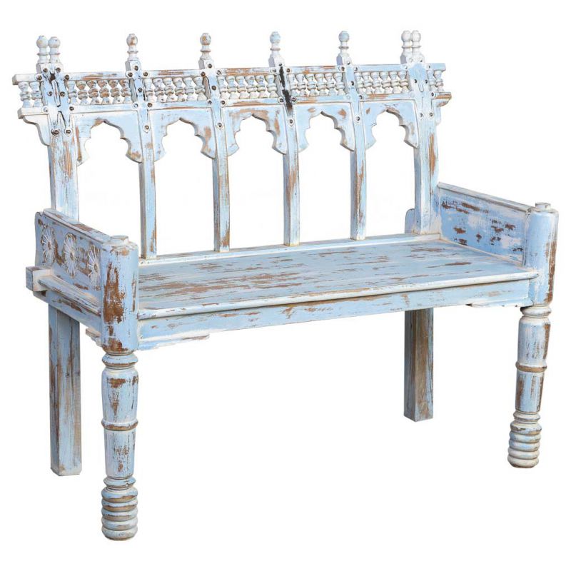 banco de madera tallada acabado artesanal envejecido azul