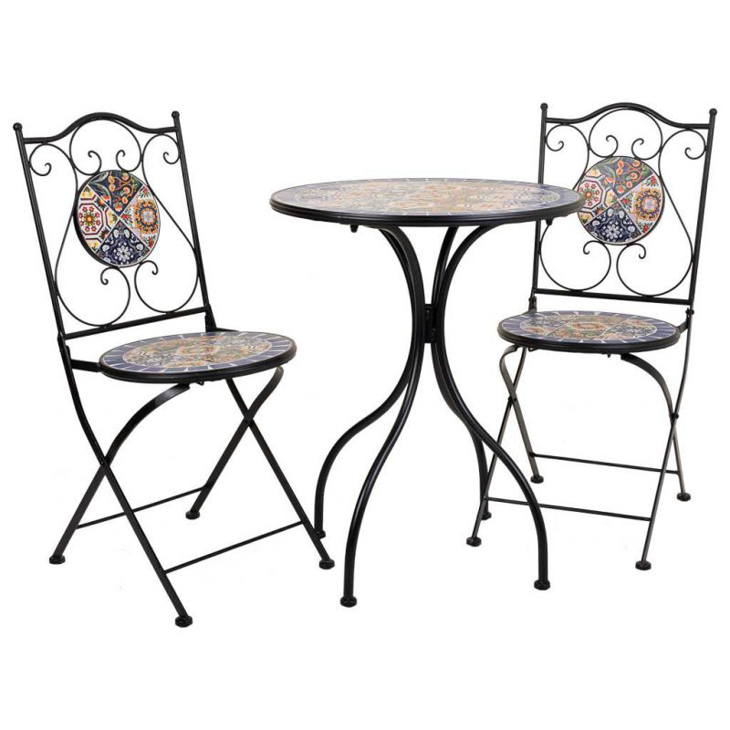 conjunto de mesa y dos sillas de forja y mosaico