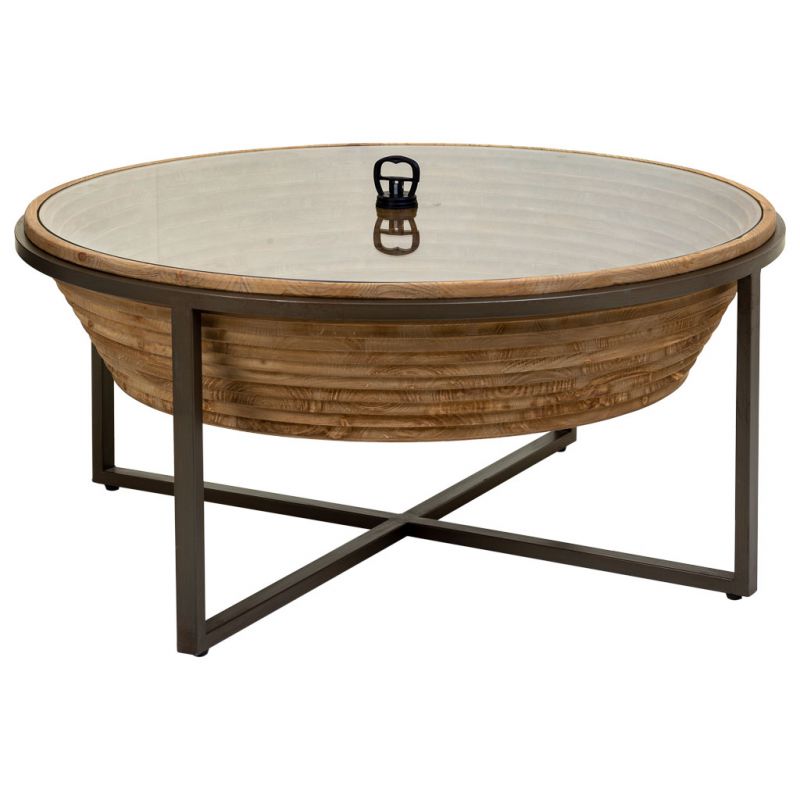 mesa de centro de madera, metal y cristal marron