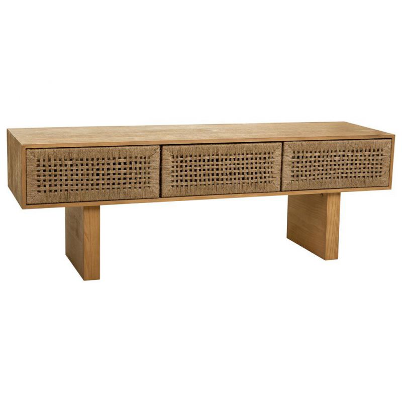 mesa de centro de madera y cuerda trenzada marron