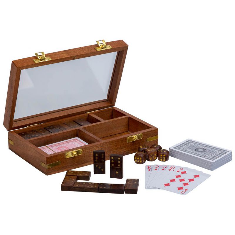 juego 3 en 1 (dados+domino+cartas) en caja de madera marron