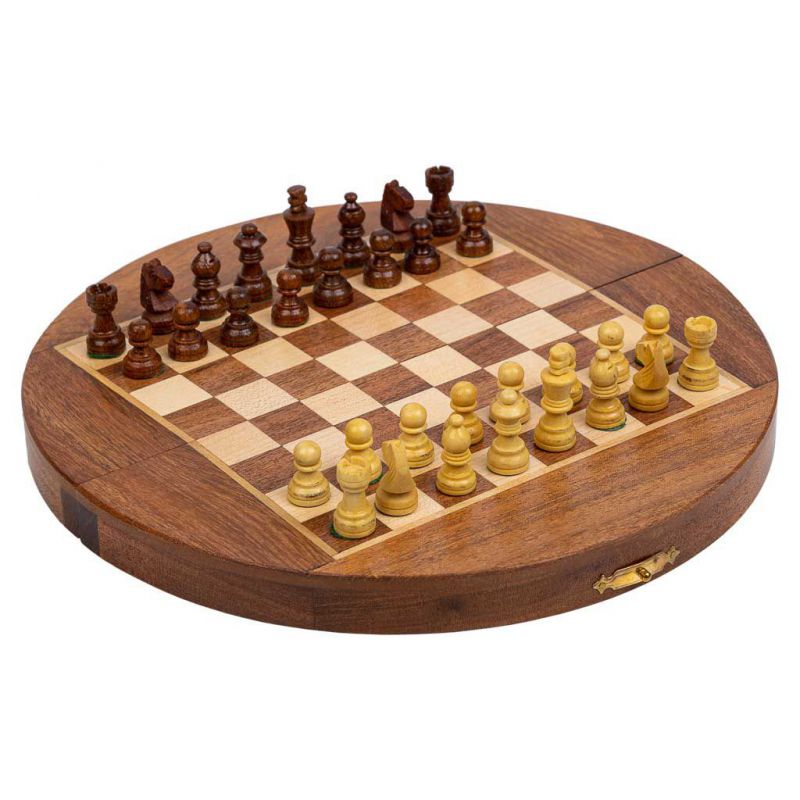 ajedrez magnético con caja semiredonda de madera marron