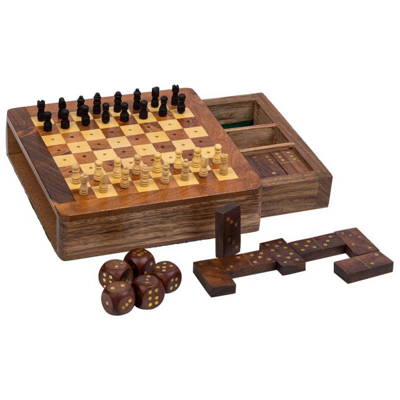 juego 3 en 1 (ajedrez+domino+dados) en caja de madera marron