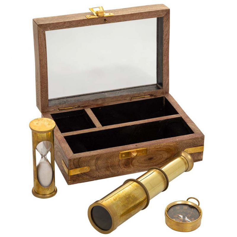set brujula,telescopio y reloj arena  con caja de madera y acabado de metal de laton dorado y marron